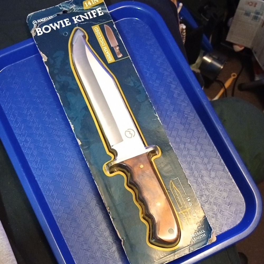 Magellan Outdoors Bowie Knife with Wooden Handle, Leather Sheath,14 Inches,Nwt